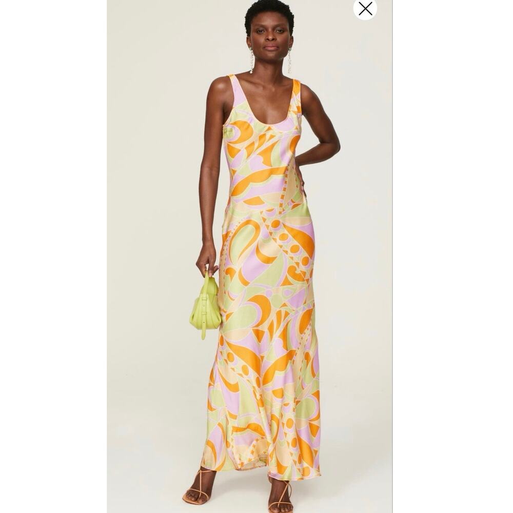 DELFI COLLECTIVE Butter Yellow Orange 70s Inspo Print Scoop Neck Donna Maxi sz L